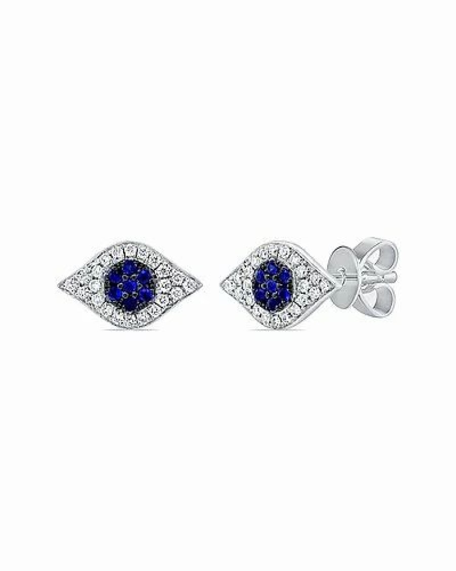 Earrings * | Sabrina Designs 14K 0.20 Ct. Tw. Diamond & Sapphire Evil Eye Studs Women