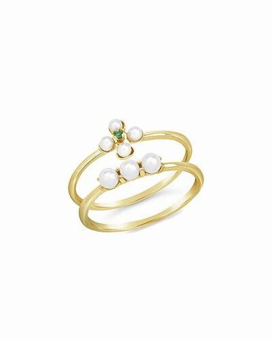 Rings * | Sterling Forever 14K Over Silver 1-2Mm Pearl Cz Cara Stacking Rings, Set Of 2 Women