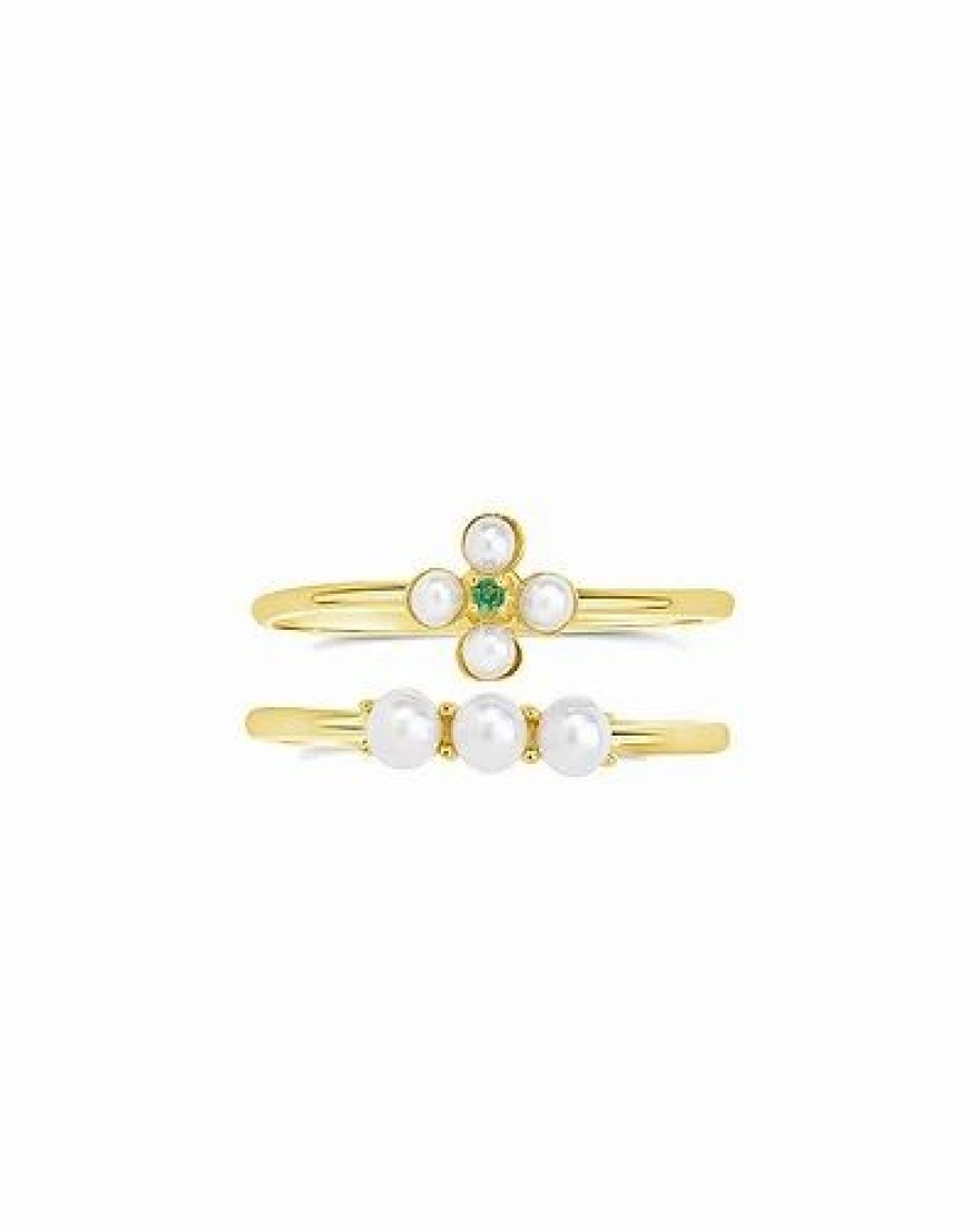 Rings * | Sterling Forever 14K Over Silver 1-2Mm Pearl Cz Cara Stacking Rings, Set Of 2 Women