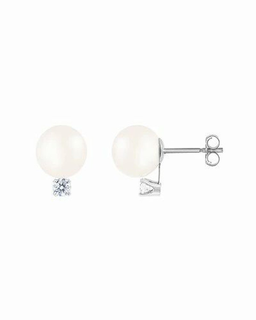 Earrings * | Splendid Pearls 14K Diamond 7-7.5Mm Pearl Earrings Women