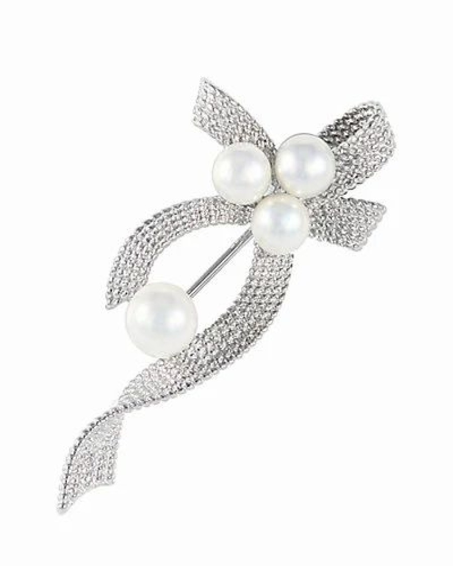 Pins * | Splendid Pearls Rhodium Plated Silver 5-7Mm Pearl & Cz Brooch Women