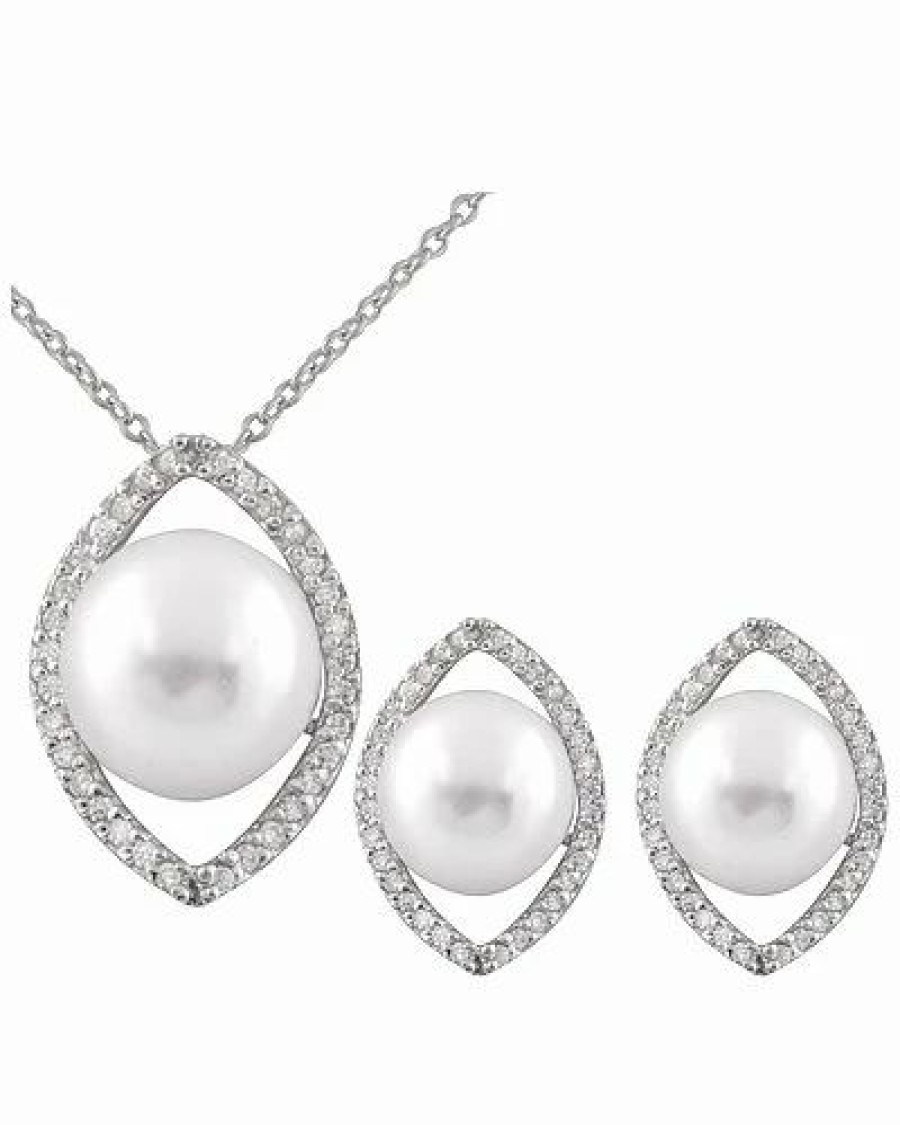 Necklaces * | Splendid Pearls Rhodium Plated 10-11Mm Pearl Cz Necklace & Earrings Set Women