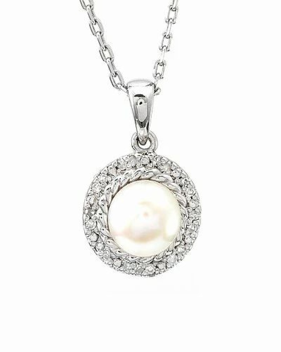 Necklaces * | Gemstones Diamond Select Cuts Silver Diamond 6-7Mm Pearl Necklace Women