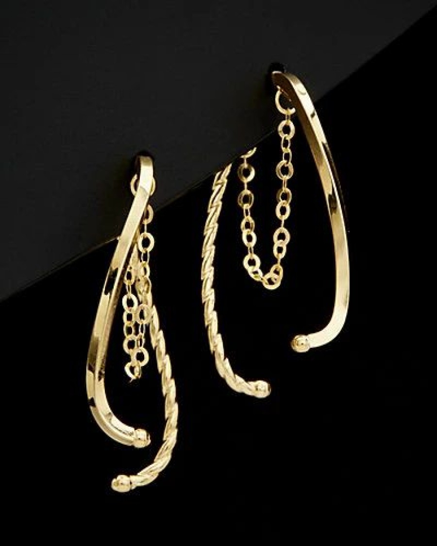 Earrings * | 14K Italian Gold Twisted & Polished Curved Bar Front-Back Drop Earrings Women