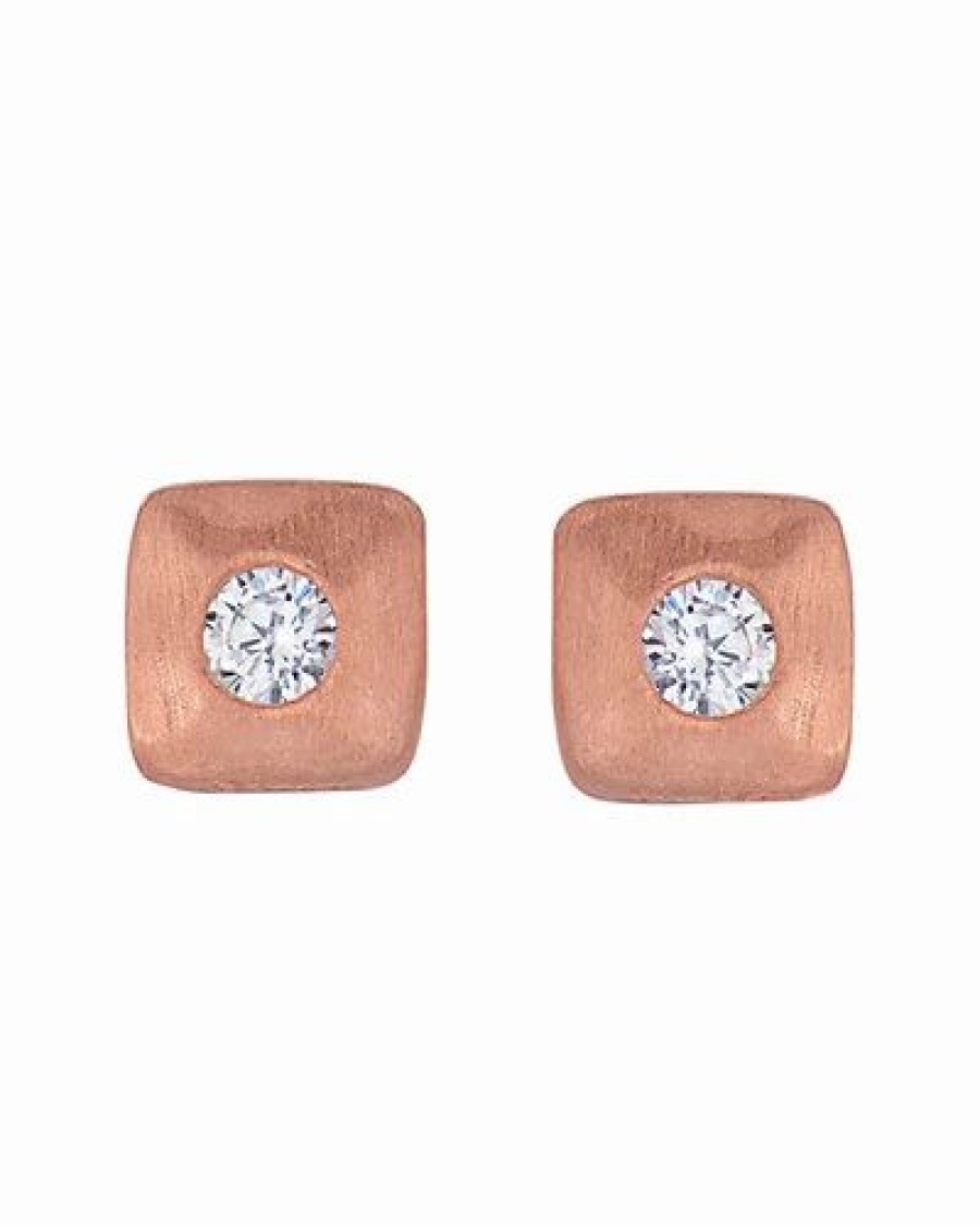 Earrings * | Genevive 14K Rose Gold Vermeil Cz Brushed Studs Women