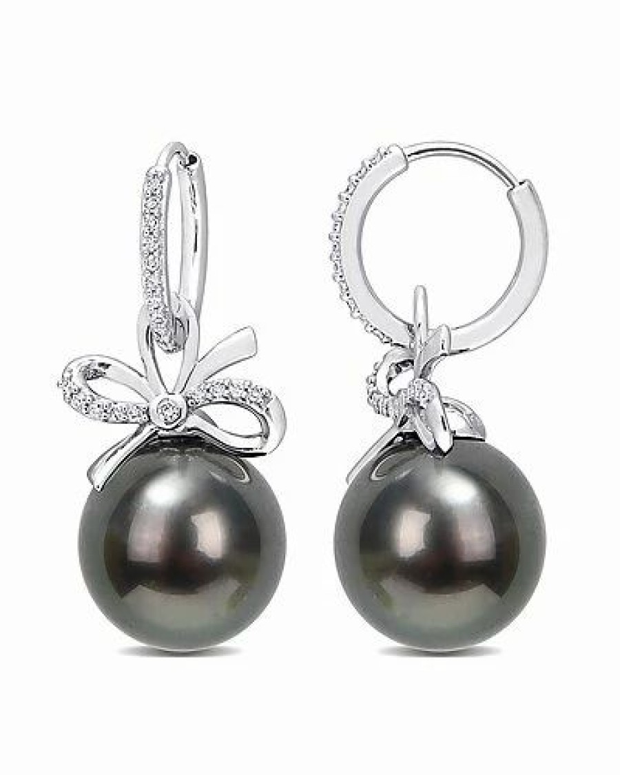 Earrings * | Rina Limor Contemporary Pearls 14K 0.22 Ct. Tw. Diamond 12-12.5Mm Pearl Bow Huggie Earrings Women