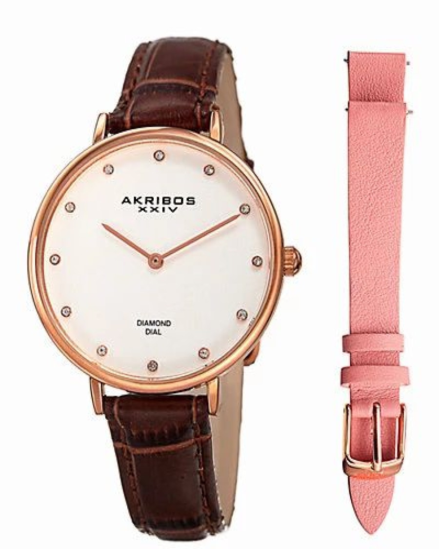 Watches * | Akribos Xxiv Womens Diamond Watch & Leather Strap Set