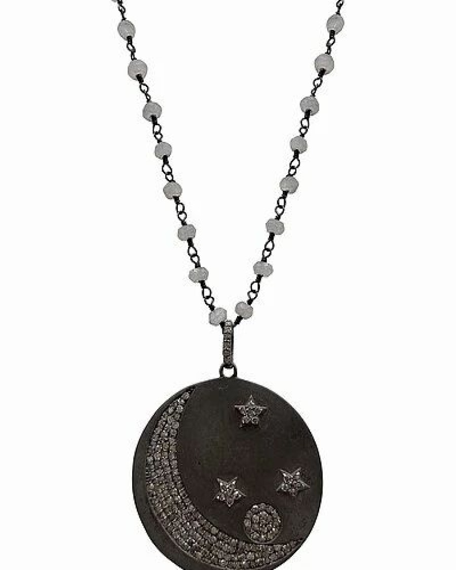 Necklaces * | Adornia Fine Jewelry Silver 7.70 Ct. Tw. Diamond & Moonstone Moon & Star Disc Necklace Women