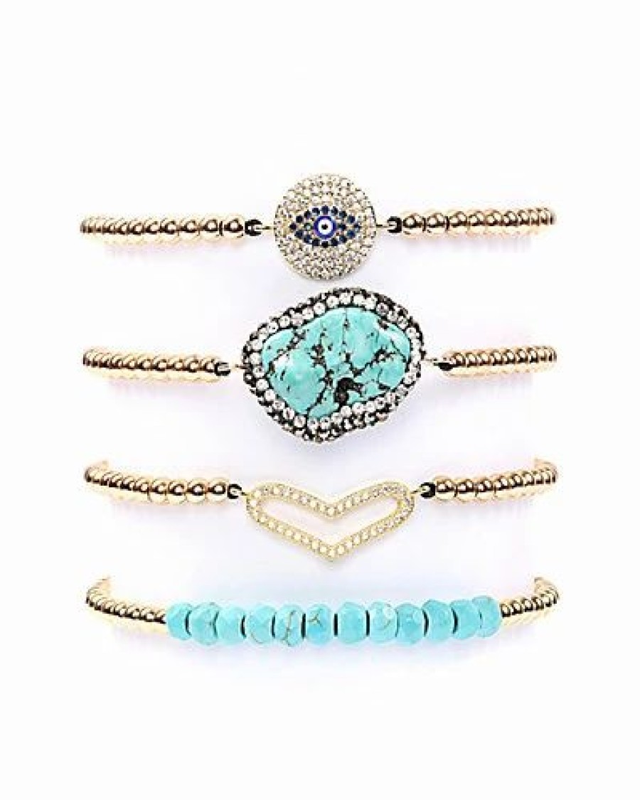 Bracelets * | Eye Candy La 24K Cz Gold Beaded Natural Turquoise Stone Bracelet Women