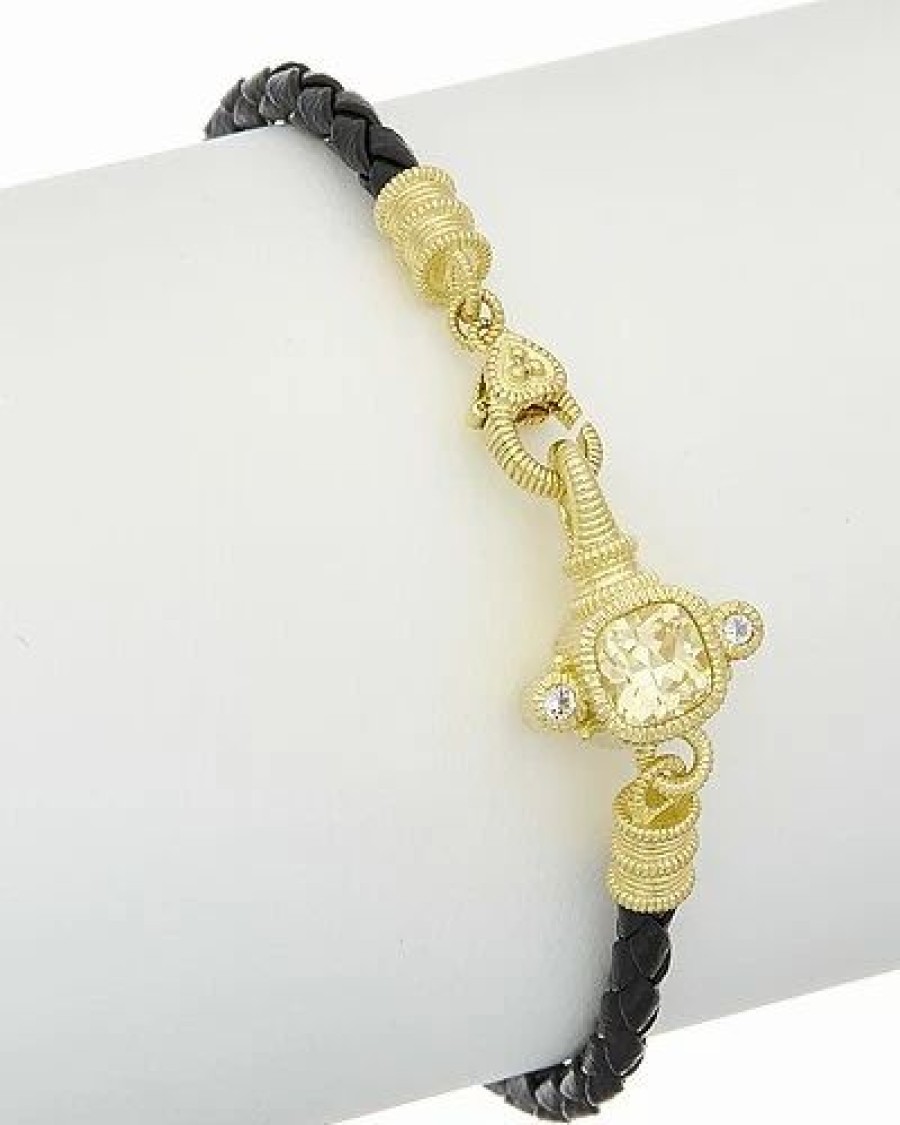 Bracelets * | Judith Ripka 14K Over Silver & Leather 0.12 Ct. Tw. White Topaz & Cz Bracelet Women