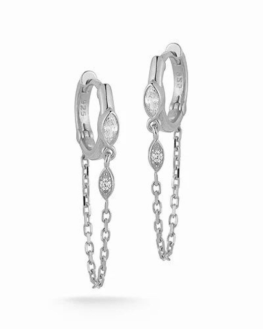 Earrings * | Glaze Jewelry Rhodium Plated Cz Chain Huggie Earrings Women