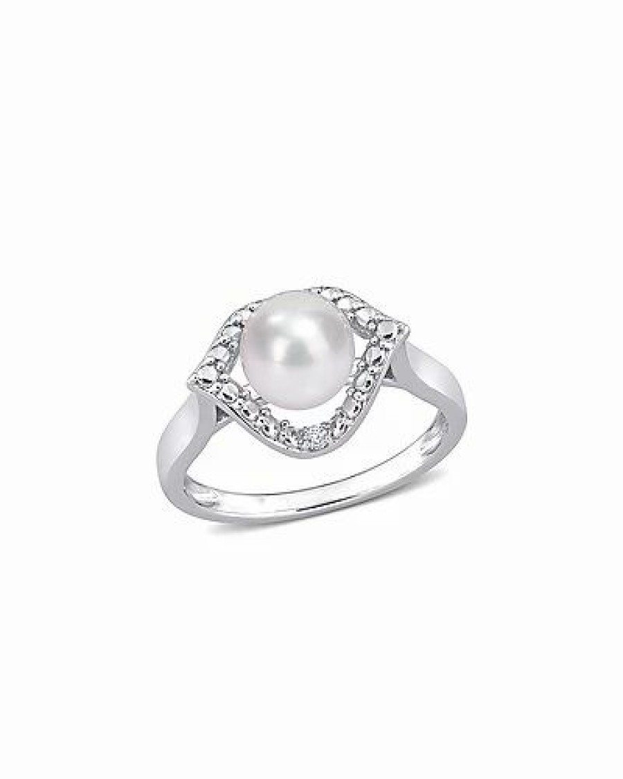 Rings * | Rina Limor Silver White Sapphire 7-7.5Mm Pearl Halo Ring Women