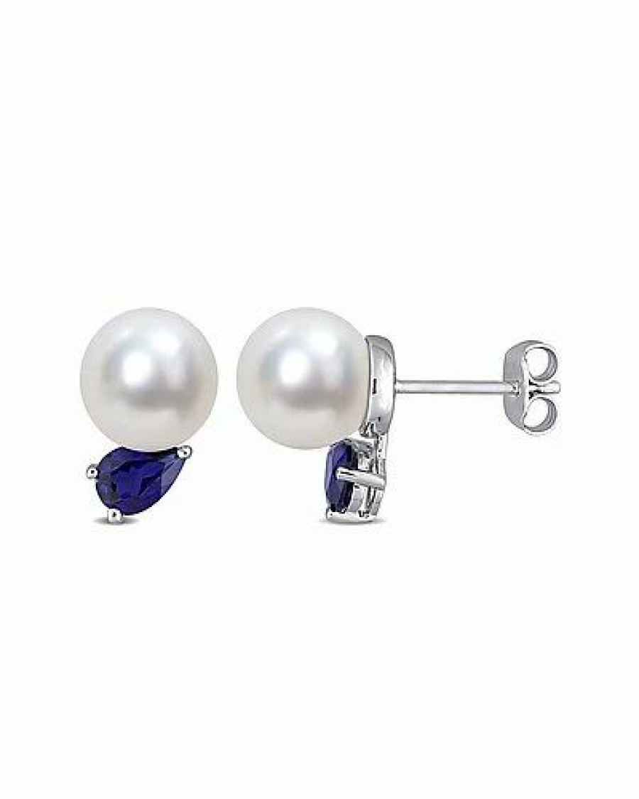 Earrings * | Rina Limor Silver 1.34 Ct. Tw. Sapphire 8-9Mm Pearl Studs Women