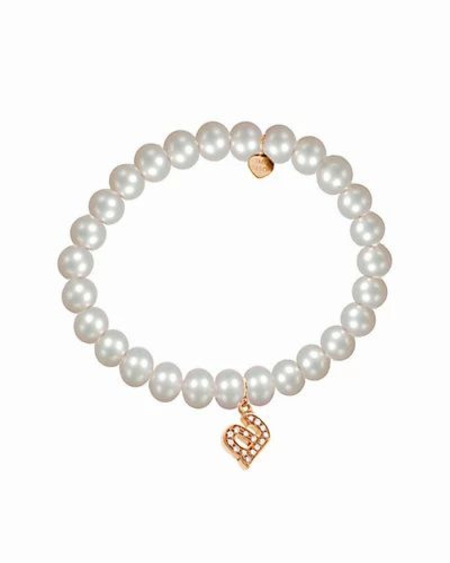 Bracelets * | Jane Basch 14K Rose Gold Diamond & 6Mm Pearl Initial Stretch Bracelet (A-Z) Women