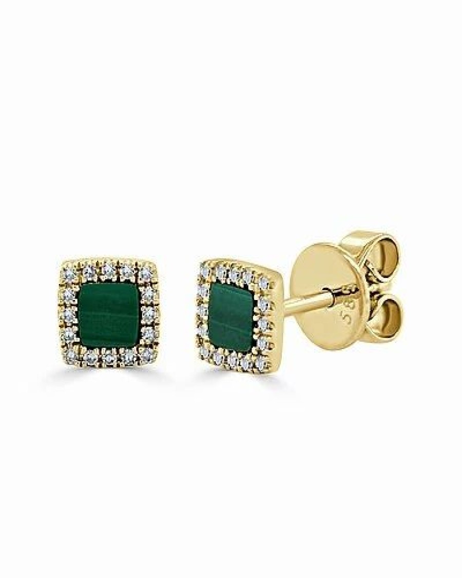 Earrings * | Sabrina Designs 14K 0.36 Ct. Tw. Diamond & Malachite Square Studs Women