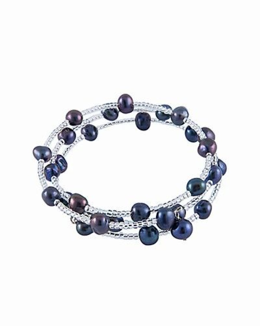 Bracelets * | Splendid Pearls Rhodium Plated 7-8Mm Freshwater Pearl Coil Bracelet Women