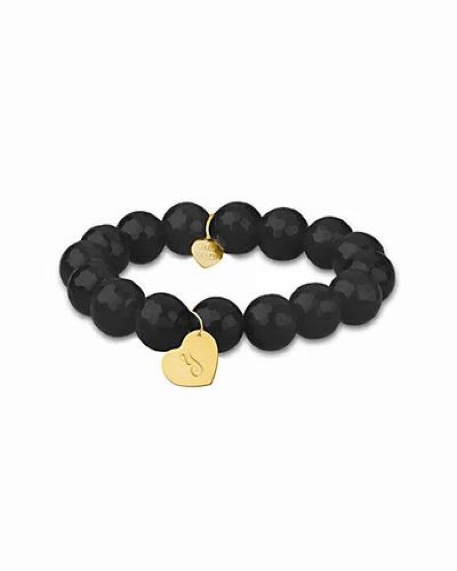 Bracelets * | Jane Basch 14K Onyx Dangling Heart Initial Bracelet (A-Z) Women