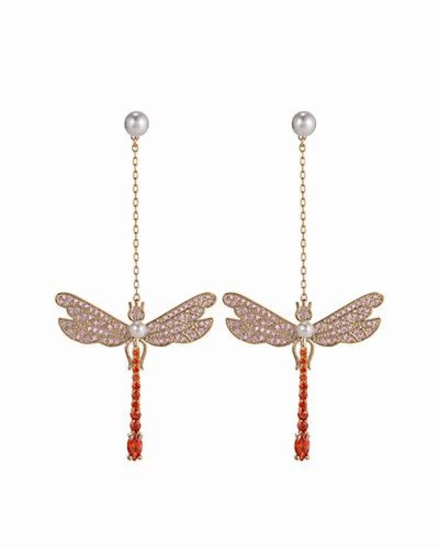 Earrings * | Eye Candy La 14K Plated Cz Dragonfly Drop Earrings Women