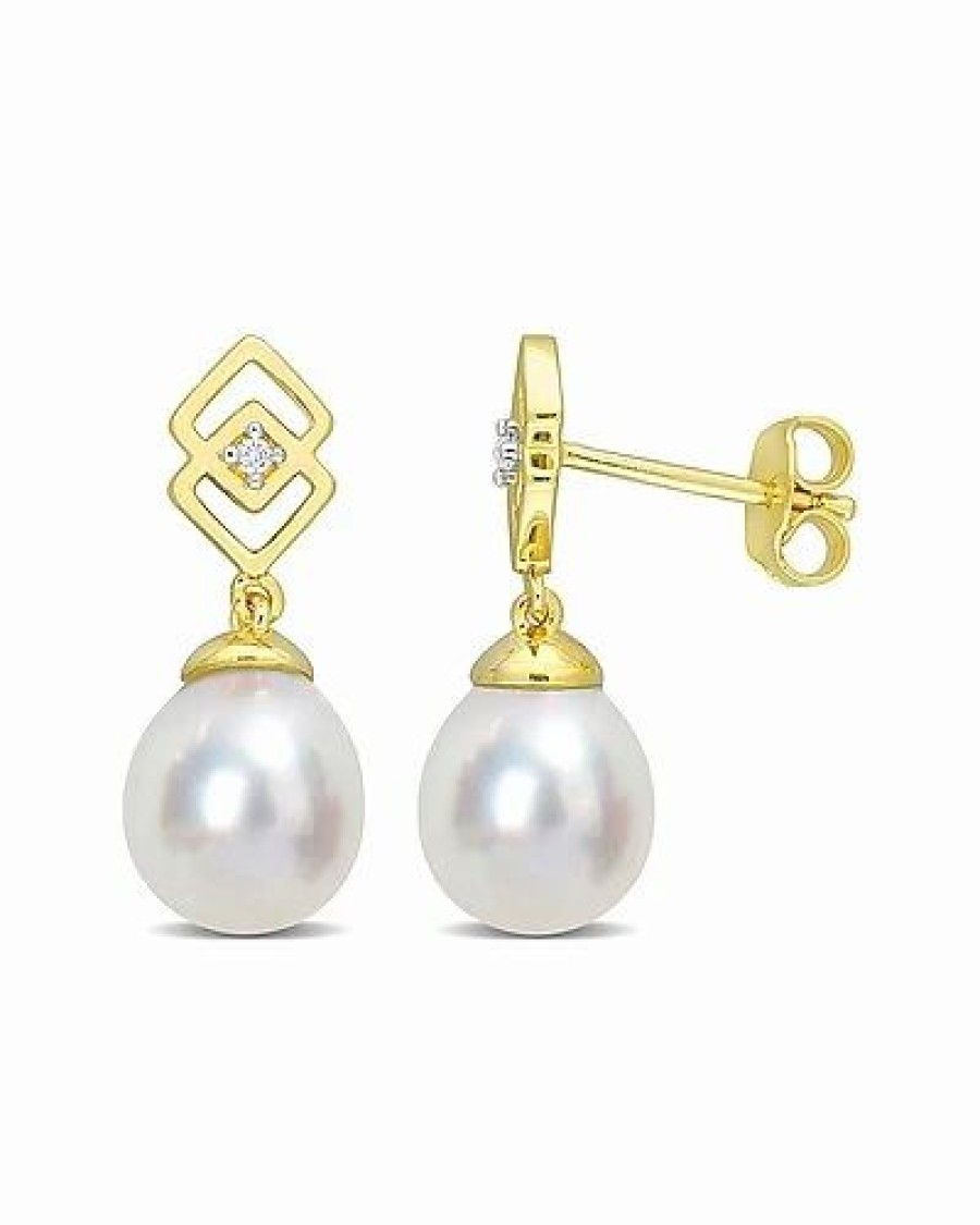 Earrings * | Rina Limor Gold Over Silver White Topaz 8-9Mm Pearl Drop Earrings Women