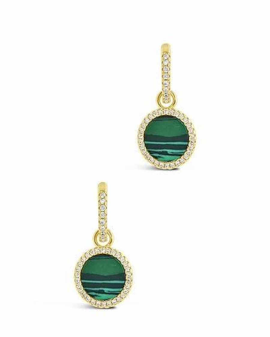 Earrings * | Sterling Forever 14K Plated 2.75 Ct. Tw. Malachite Cz Disc Drop Micro Hoops Women