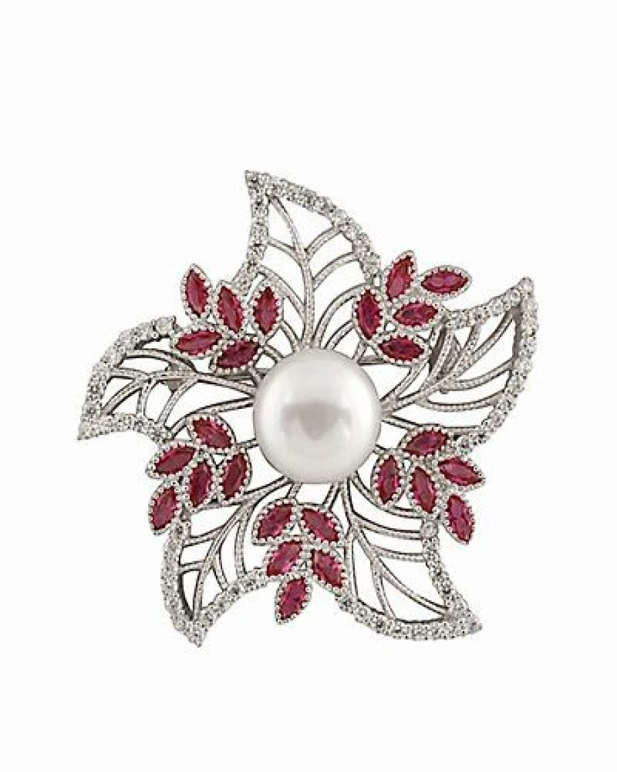 Pins * | Splendid Pearls Rhodium Plated Silver 10-11Mm Freshwater Pearl & Cz Brooch Women