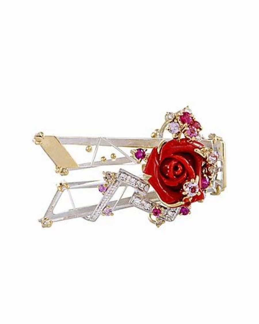 Pins * | Gemstones 18K Two-Tone 0.30 Ct. Tw. Diamond, Gemstone, & Crystal Brooch Women