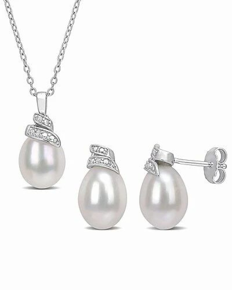 Earrings * | Rina Limor Silver Diamond 6.5-7Mm Pearl Swirl Jewelry Set Women